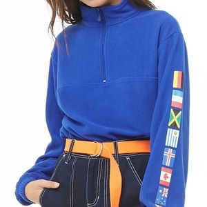 Blue long sleeve fleece funnel neck sweater